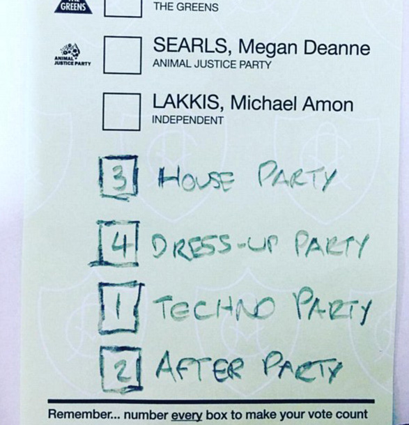 The voter only had one type of party on their mind, ranking their favourite type of party from 1-4 and selecting a techno party, after party, house party and dress up party as their preferred options. Photo / Instagram